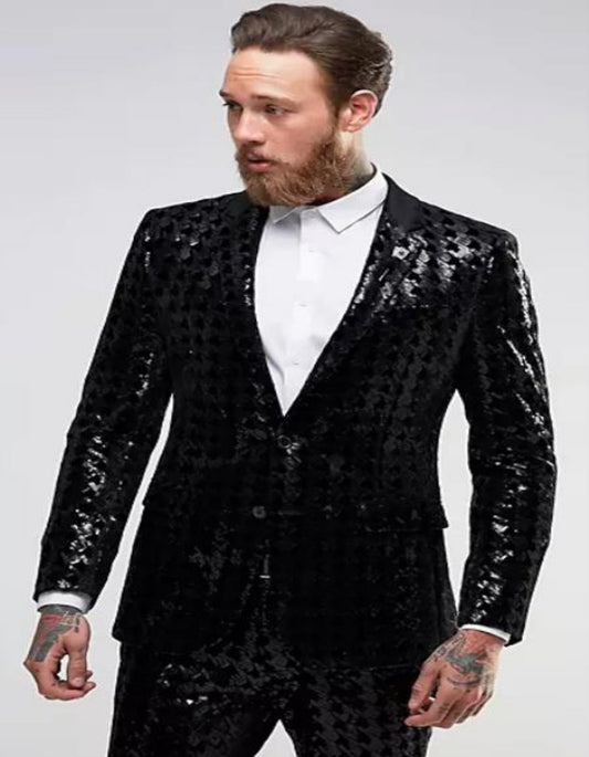 Sequin Tuxedo - Mens Blazer - Black Dinner Jacket - Peak Lapel Shiny Tuxedo Jacket