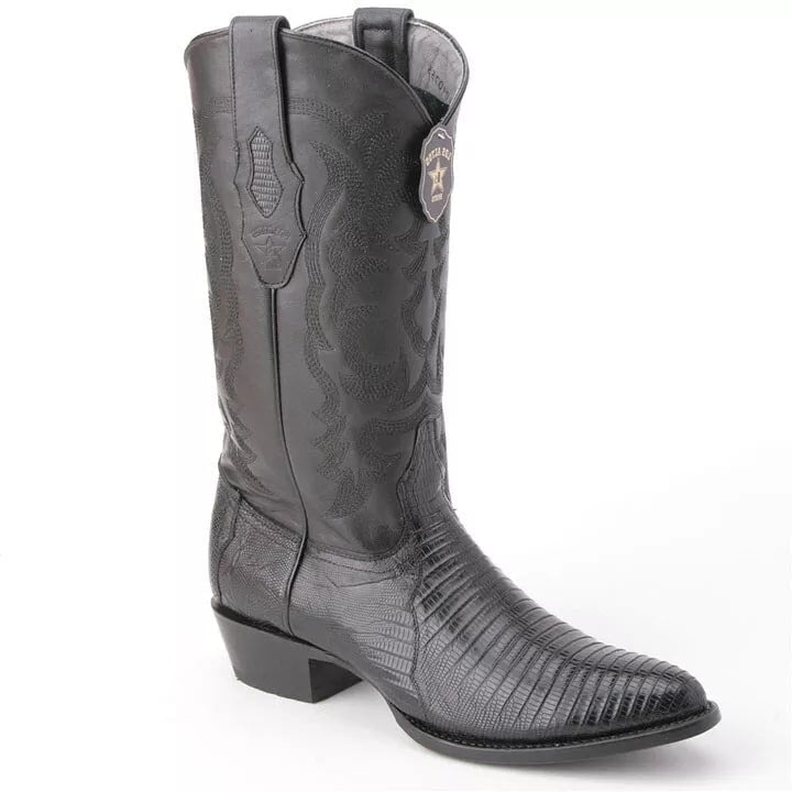 Los Altos Black Snip Toe Boots Genuine Teju Skin - 8