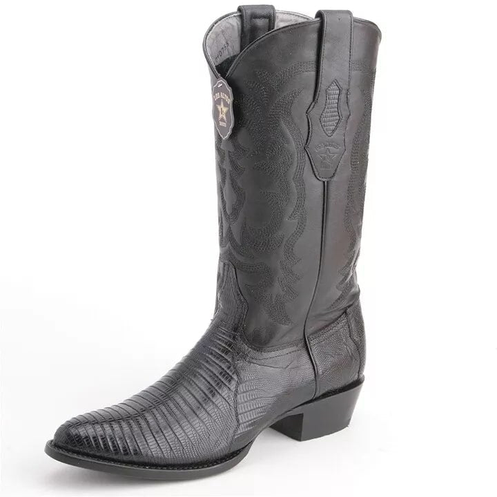 Los Altos Black Snip Toe Boots Genuine Teju Skin - 8
