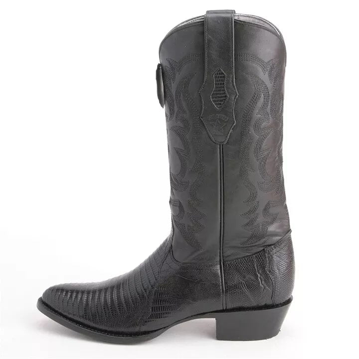 Los Altos Black Snip Toe Boots Genuine Teju Skin - 8