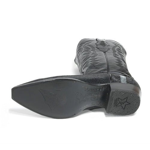 Los Altos Men's Black Stingray with Full Rowstone Finish Snip Toe Boots-New Designer Collection