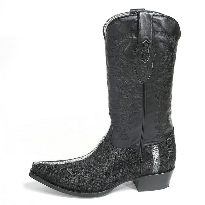 Los Altos Men's Black Stingray with Full Rowstone Finish Snip Toe Boots-New Designer Collection