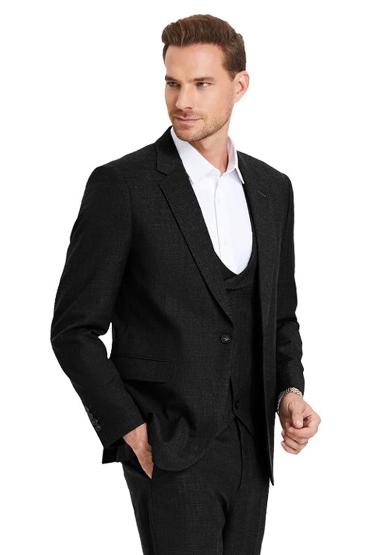 Cheap Suit - Men's One Button Double Breasted Vest Slim Fit Sharkskin Wedding Black Suit