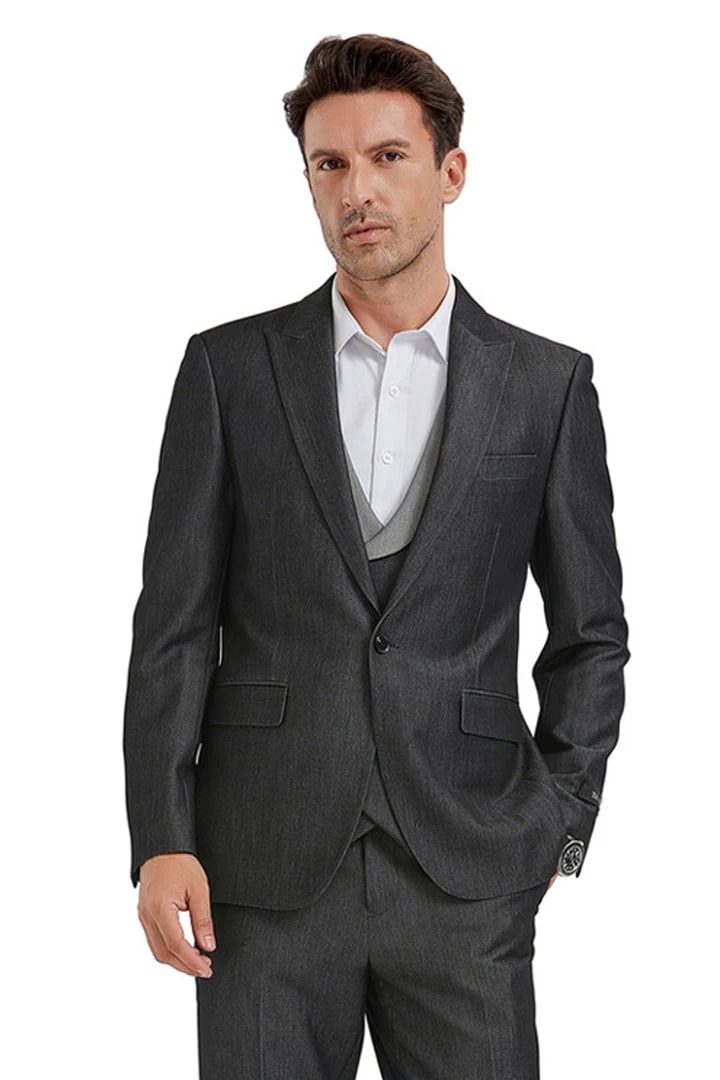 Cheap Suit - Men's One Button Peak Lapel Double Breasted Vest  Black  Suit Sharkskin