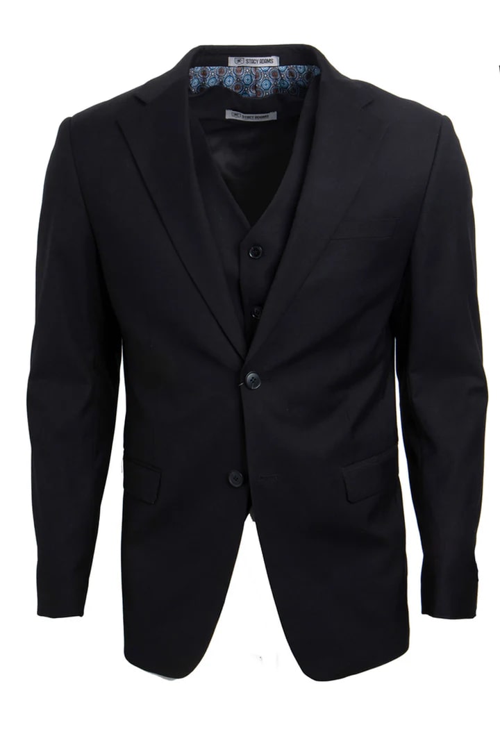 Cheap priced Suit - Men's Two Button Vested Stacy Adams Basic Black Suit - 38 Short Jacket+32 Waist Adjustable 28to34)(Height: 5 4 to5 7 )(Neck  15-16.5)S-M)