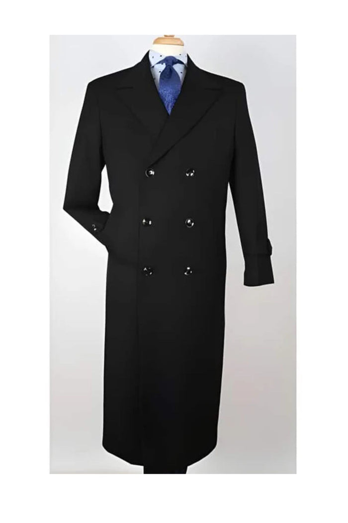 Center Vent 100% Wool Gabardine Double Breasted Black Top Overcoat