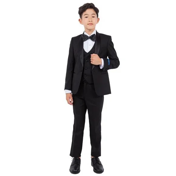 New Perry Ellis Boys Black Tuxedo Set, Solid 5-Piece Black Shawl Collar