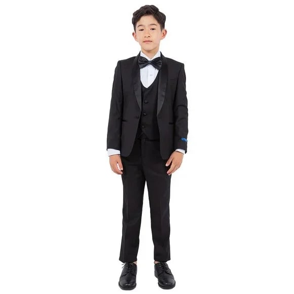 New Perry Ellis Boys Black Tuxedo Set, Solid 5-Piece Black Shawl Collar