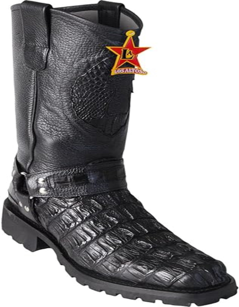 Men's Biker Design Genuine Leather Caiman Tail Western Boots with Industrial Sole - 6 Wide