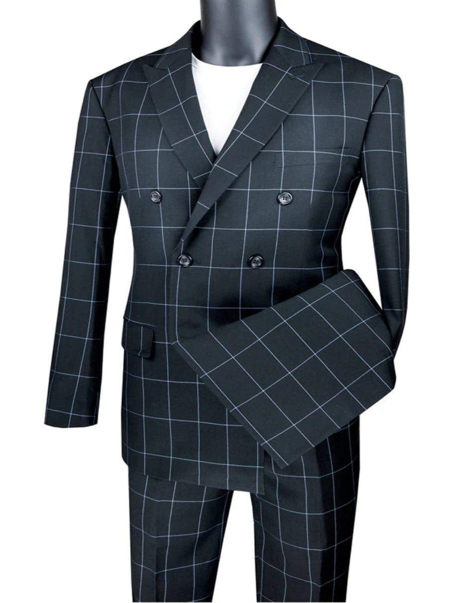 1920's Mens Vested Bold Gangster Vintage Plaid Suit With White Vest in Black - 38 Short Jacket+32 Waist Adjustable 28to34)(Height: 5 4 to5 7 )(Neck  15-16.5)S-M)