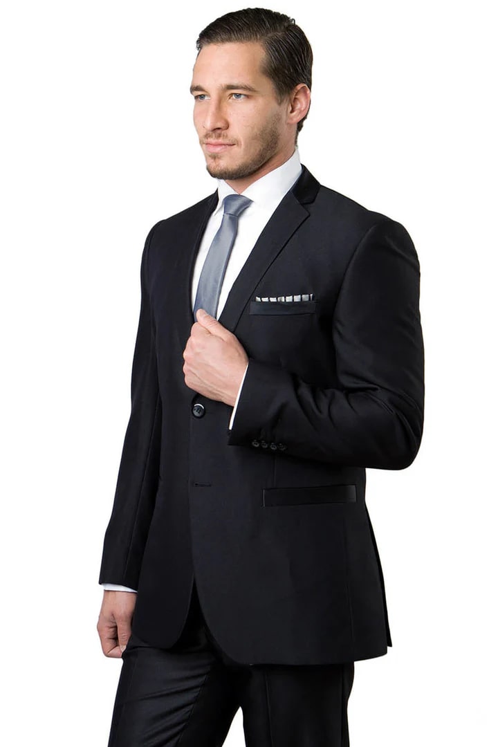 Cheap Priced Suit - Men's Two Button Slim Fit Shiny Sharkskin Suit In Black With Contrast Collar And Trim - 38 Short Jacket+32 Waist Adjustable 28to34)(Height: 5 4 to5 7 )(Neck  15-16.5)S-M)