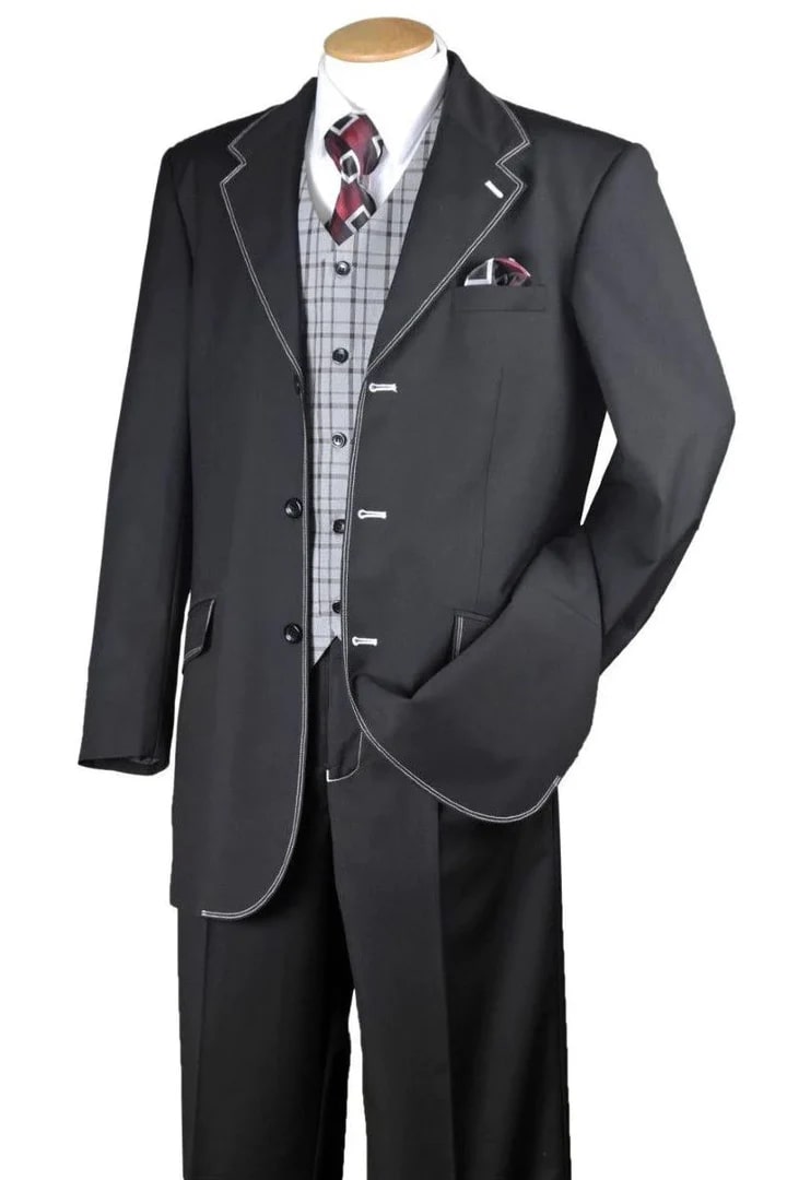 Cheap Priced Suit - Mens 3 Button Fashion Semi Wide Leg Vested Suin In Black With White Stitching - 38 Short Jacket+32 Waist Adjustable 28to34)(Height: 5 4 to5 7 )(Neck  15-16.5)S-M)