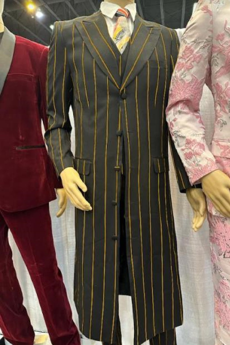 Pinstripe Zoot Suit For Men - Gangster  Wedding Suit in Black and Gold Pinstripe - 38 Short Jacket+32 Waist Adjustable 28to34)(Height: 5 4 to5 7 )(Neck  15-16.5)S-M)