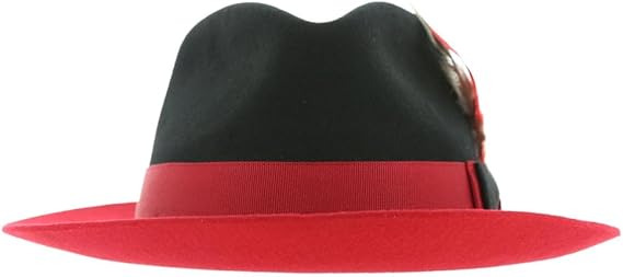 Gangster 100% Austrailian Wool Crushable Mens Fedora Hat - Removable Feather Gangster Black-red Mens Fedora Hat