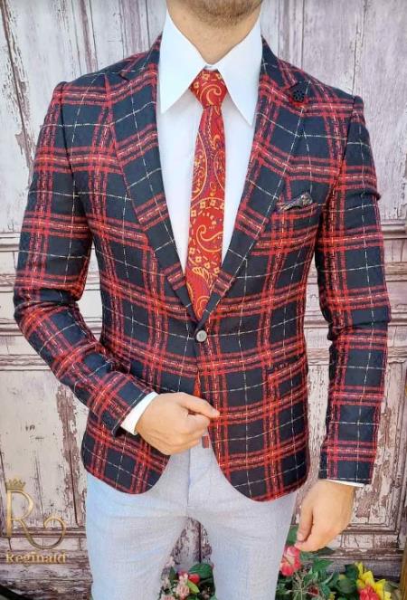 Red Tartan Blazers - Red Plaid Sport Coat - Single Breasted Mens Red Blazer windowpane plaid - 34 Short or Extra Small