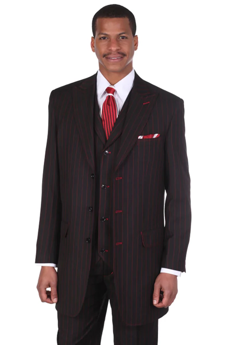 Zoot Suit - Mens Vintage Vested Gangster Bold Pinstripe Black and Red Fashion Suit