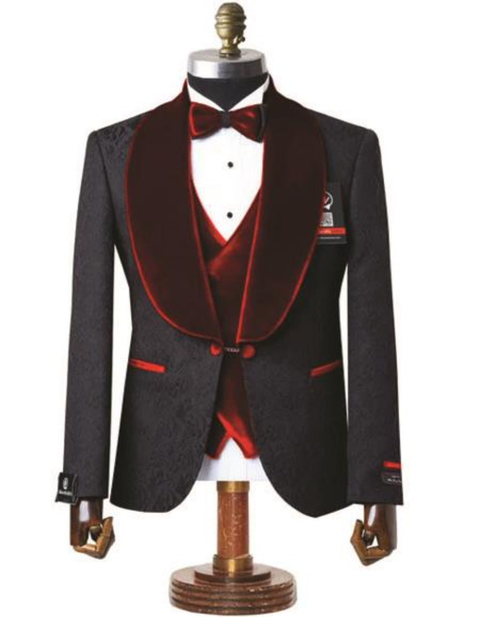 Mens Black With Red Velvet Lapel 3-Piece Tailored-Fit Tuxedo