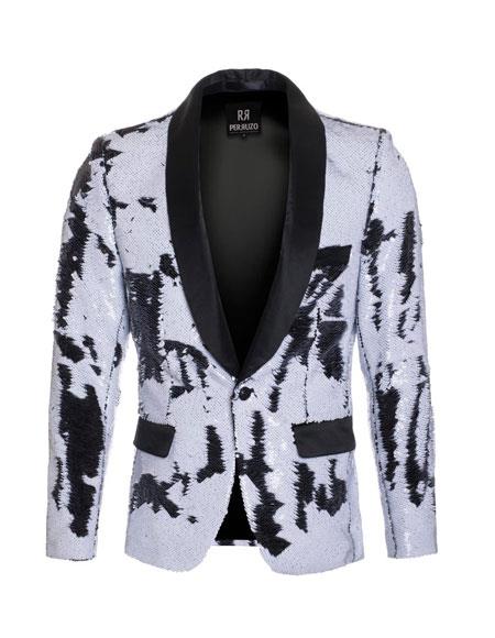 Sequin Tuxedo - Mens Blazer - Black and White Dinner Jacket - Shiny Tuxedo Jacket