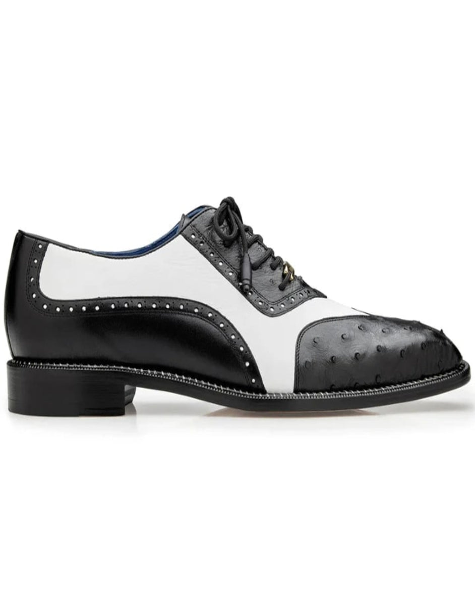 Men's Belvedere Sesto Italian Calf & Ostrich Quill Wingtip Black and White Dress Shoe - US 9.0 Standard/D/ Medium / Eu:42