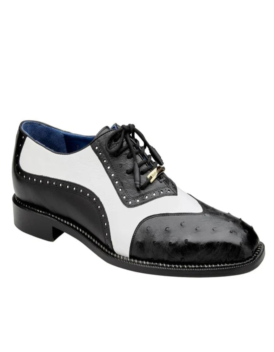 Men's Belvedere Sesto Italian Calf & Ostrich Quill Wingtip Black and White Dress Shoe - US 9.0 Standard/D/ Medium / Eu:42