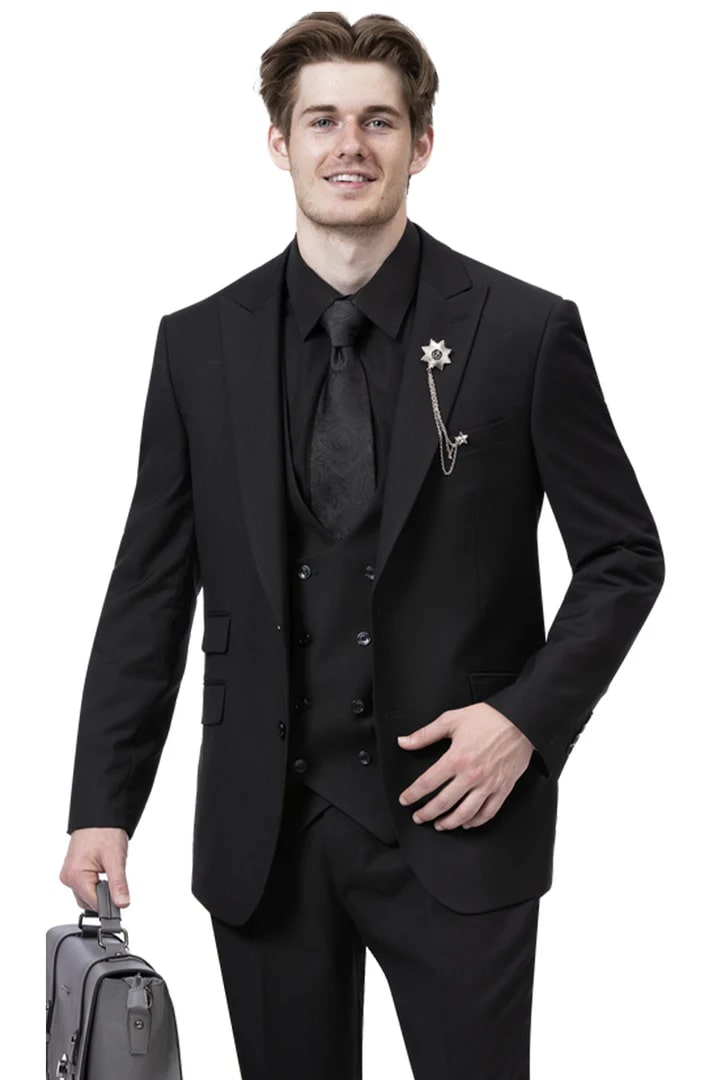 Cheap Suit - Mens Modern Two Button Vested Peak Lapel Black Suit With Double Breasted Vest