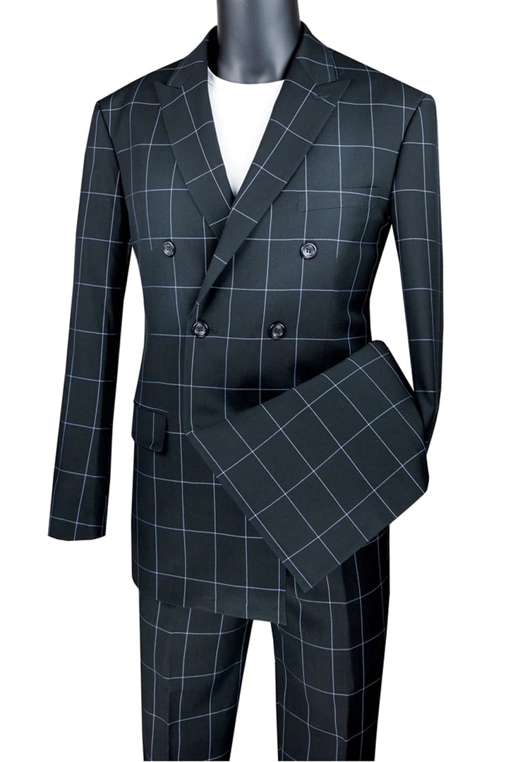 Cheap priced Suit - Mens Double Breasted Bold Windowpane Plaid Black Suit - 38 Short Jacket+32 Waist Adjustable 28to34)(Height: 5 4 to5 7 )(Neck  15-16.5)S-M)