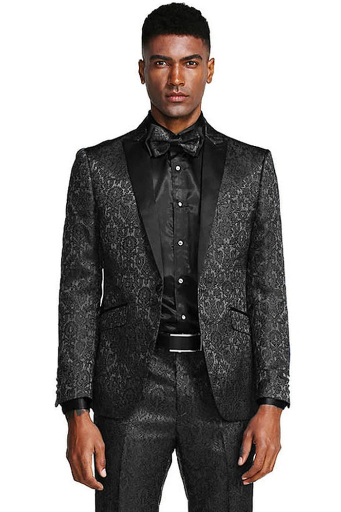 Cheap priced Suit- Men's One Button Slim Fit Paisley Wedding & Prom 2026 Black Tuxedo