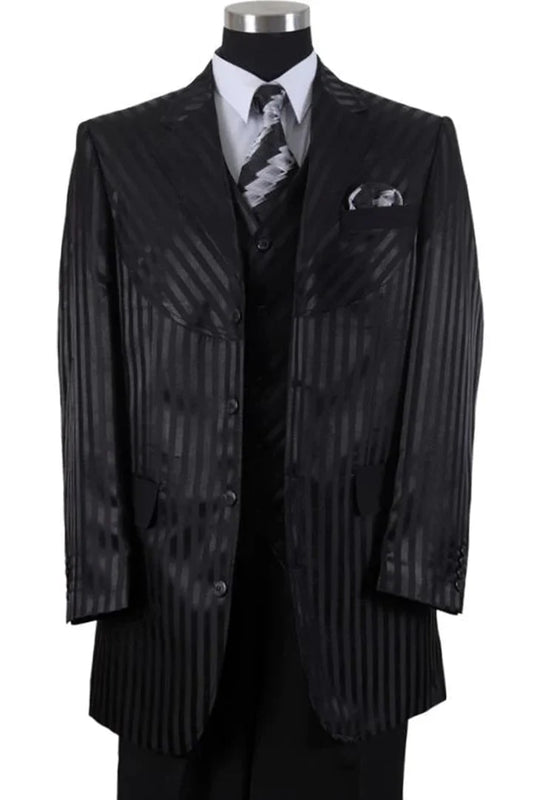Cheap Suit - Mens 4 Button Semi Wide Leg Shiny Tonal Stripe Fashion Black Suit