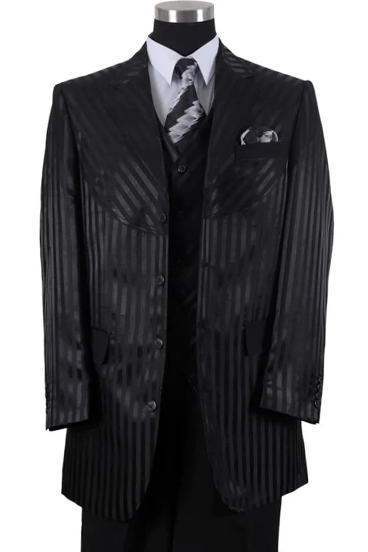 Cheap Suit - Mens 4 Button Semi Wide Leg Shiny Tonal Stripe Fashion Black Suit