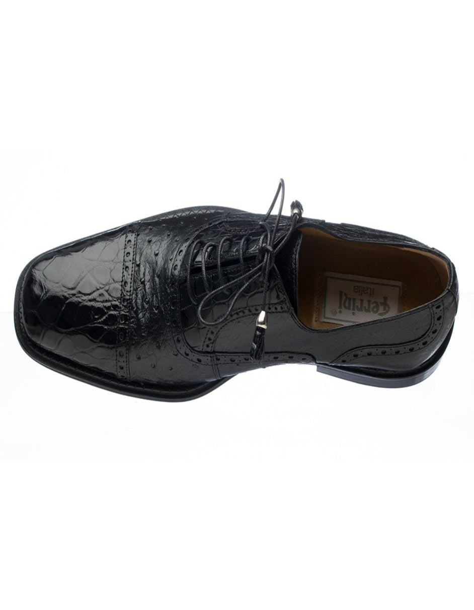 Ferrini Shoes - Mens Alligator Dress Shoe - Ferrini 203 Alligator Cap Toe Black Shoes - 6M