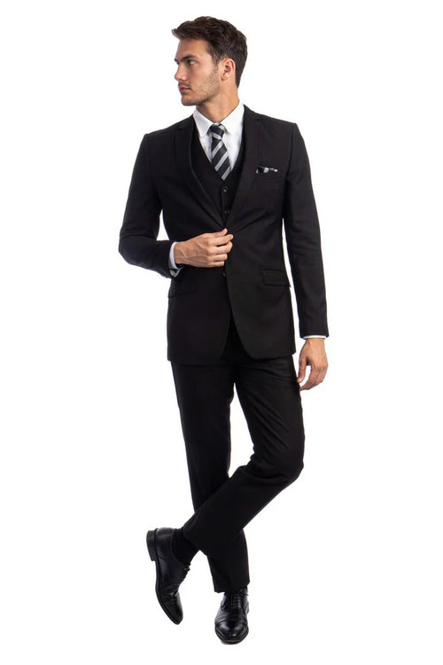 Cheap Priced Suit - Men's Two Button Basic Hybrid Fit Vested Black Suit