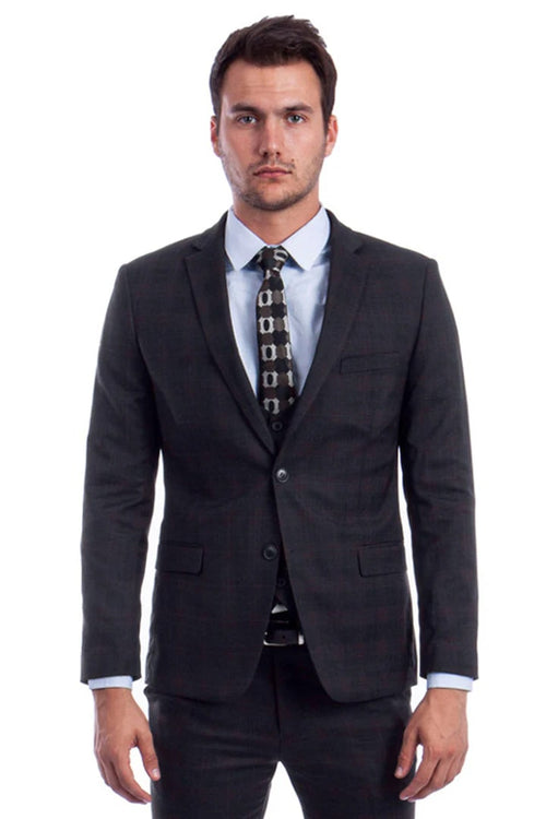 Cheap Priced Suit - Men's Two Button Vested Skinny Fit Suit With Low Cut Vest In Black Plaid