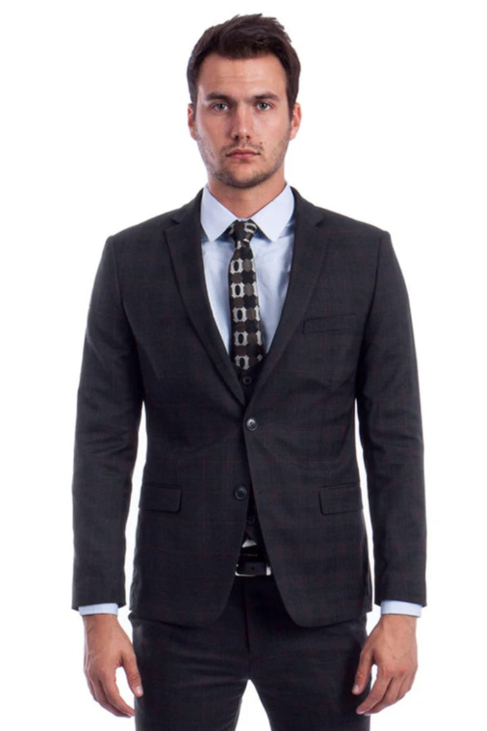 Cheap Priced Suit - Men's Two Button Vested Skinny Fit Suit With Low Cut Vest In Black Plaid