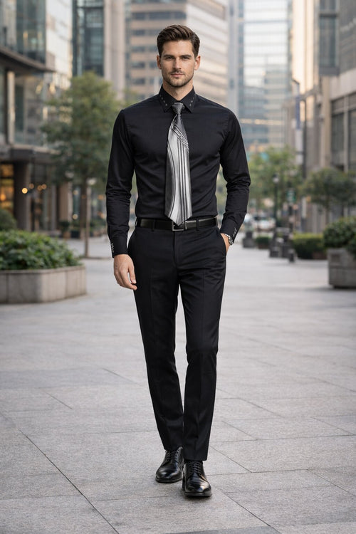 French Cuff + Tie + Handkerchief Men's Dress Shirt With Tie