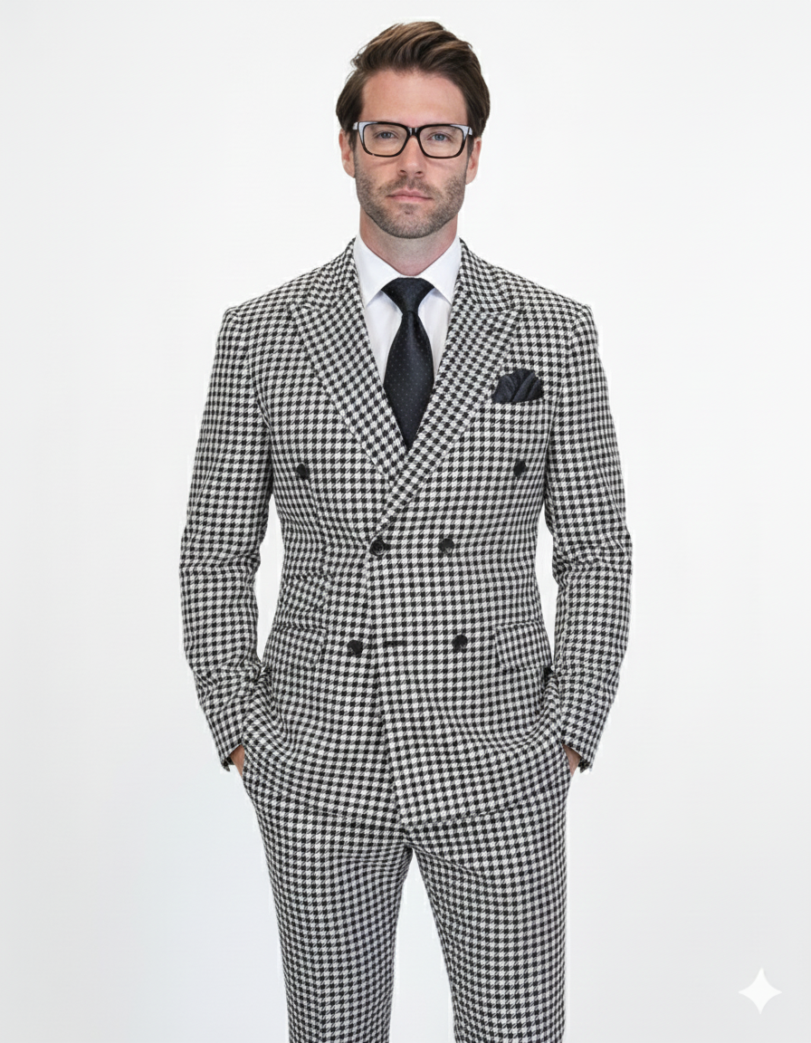 Double Breasted Suits - Vested Suits Wool Fabric  - Black Houndstooth Suit - 34 Short or Extra Small