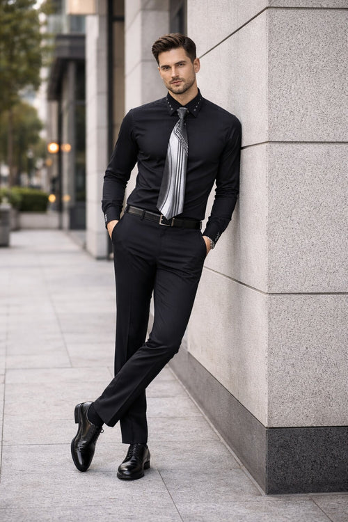 French Cuff + Tie + Handkerchief Men's Dress Shirt With Tie