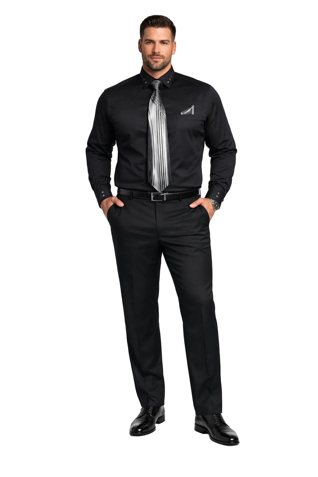 French Cuff + Tie + Handkerchief Men's Dress Shirt With Tie