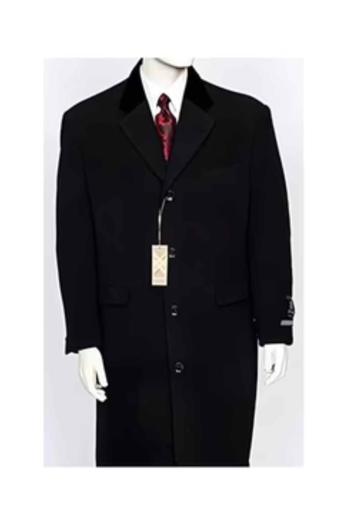 Men's Dress Coat Black Velvet Notch Collar Wool/Cashmere 4 Button Overcoat - Coat Size 38