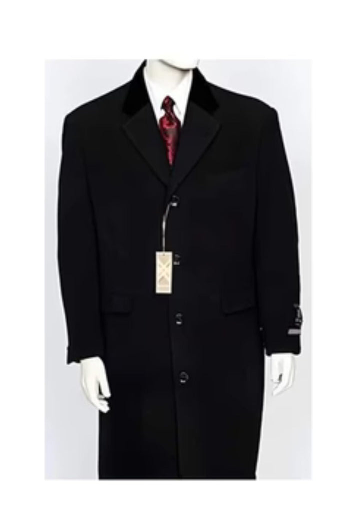 Men's Dress Coat Black Velvet Notch Collar Wool/Cashmere 4 Button Overcoat
