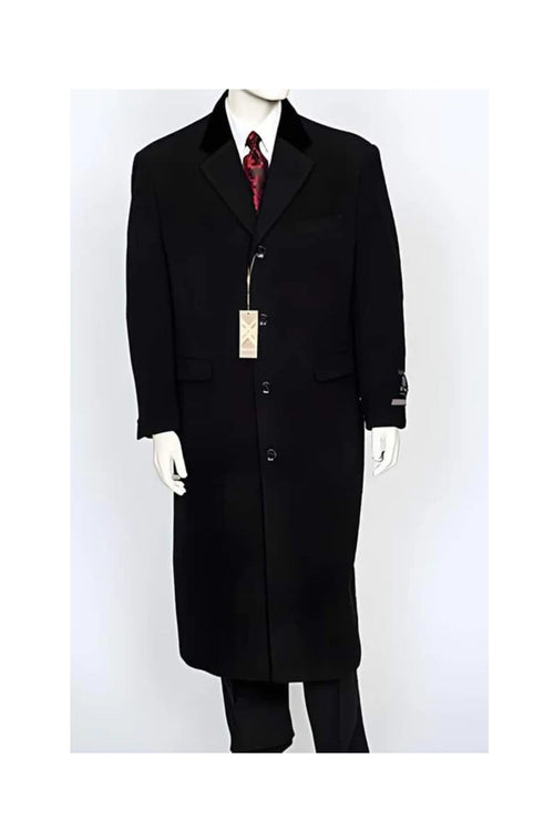 Men's Dress Coat Black Velvet Notch Collar Wool/Cashmere 4 Button Overcoat