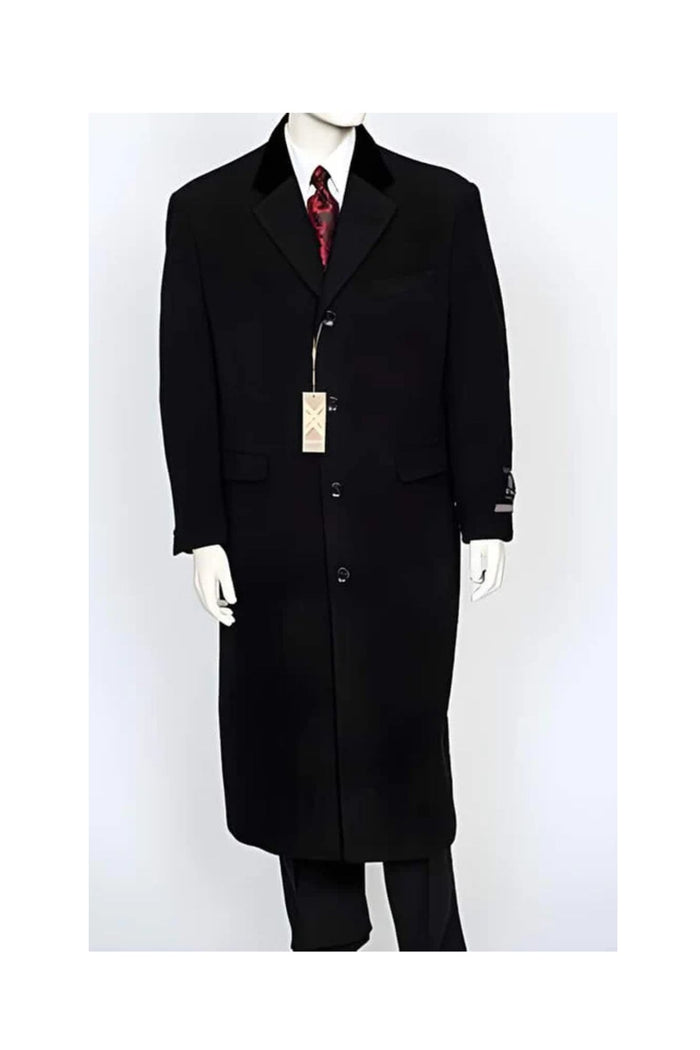 Men's Dress Coat Black Velvet Notch Collar Wool/Cashmere 4 Button Overcoat