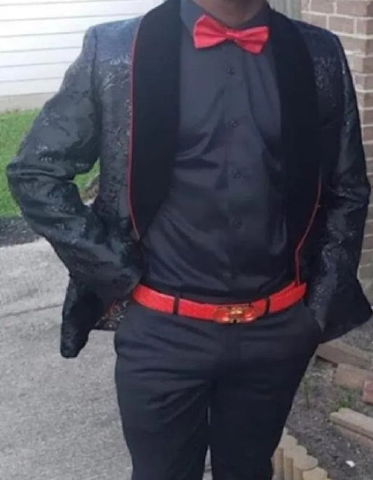 Black Paisley Blazer With Red Trim Collar + Black Pants - Prom 2025 Suit
