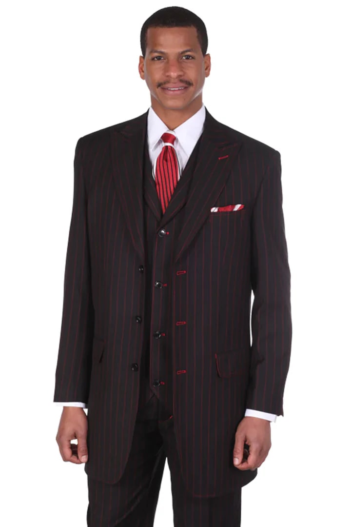 Cheap Priced Suit - Mens Vintage Vested Gangster Bold Pinstripe Fashion Black Suit - 38 Short Jacket+32 Waist Adjustable 28to34)(Height: 5 4 to5 7 )(Neck  15-16.5)S-M)