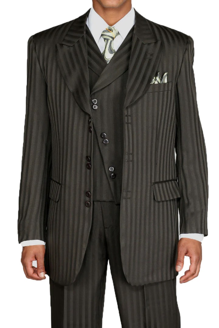 Cheap Suit - Mens Fashion Slanted Vested Peak Lapel Tonal Pinstripe Black Suit