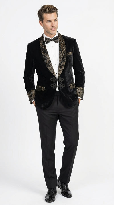 Mens Smoking Jacket  Black and Gold Embroidered Tuxedo Blazer Luxury Velvet Formal Dinner Jacket with Paisley Lapel