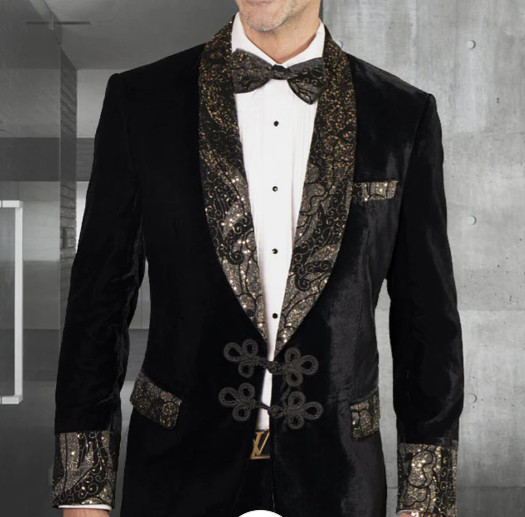 Mens Smoking Jacket  Black and Gold Embroidered Tuxedo Blazer Luxury Velvet Formal Dinner Jacket with Paisley Lapel