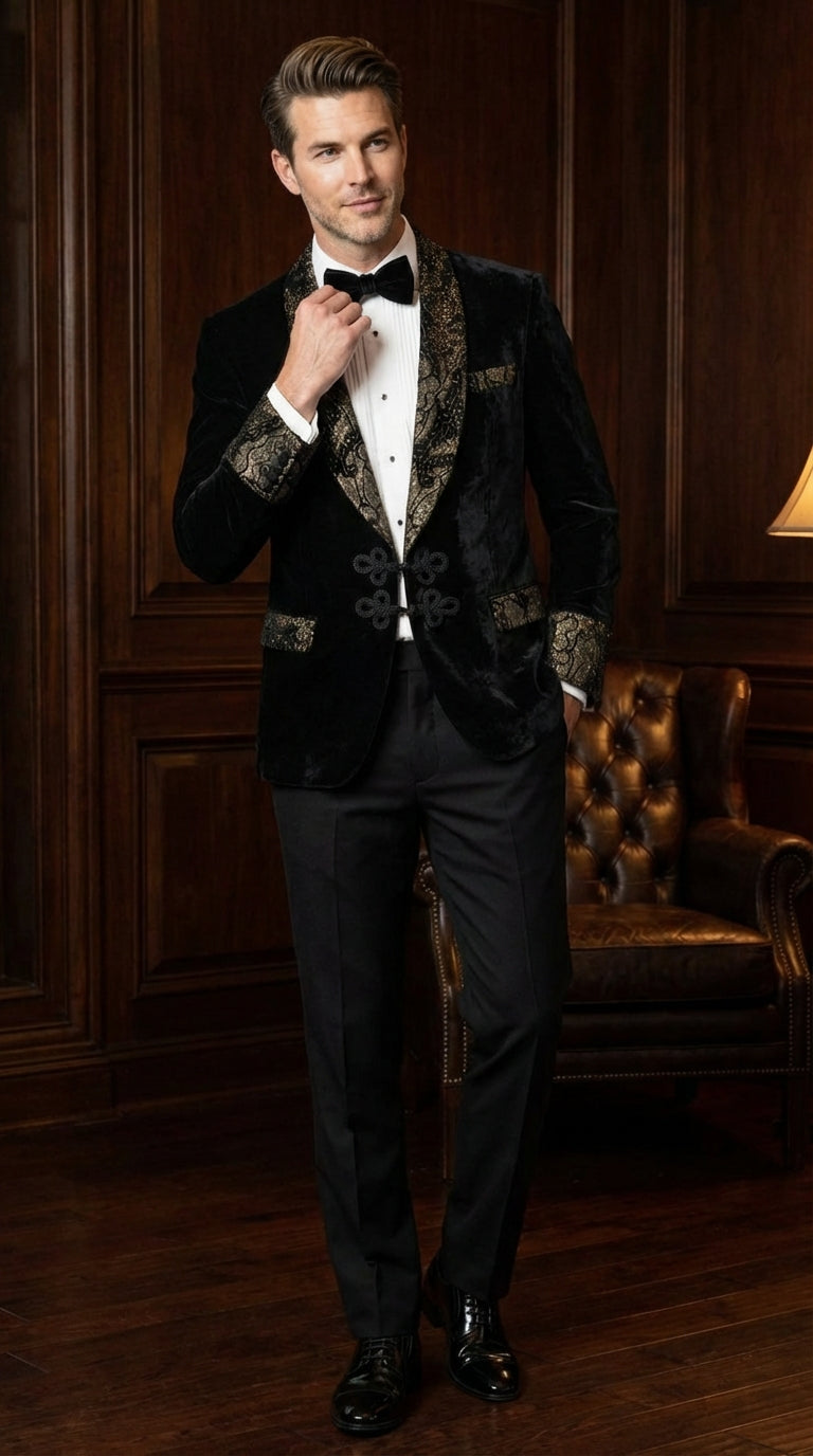 Mens Smoking Jacket  Black and Gold Embroidered Tuxedo Blazer Luxury Velvet Formal Dinner Jacket with Paisley Lapel