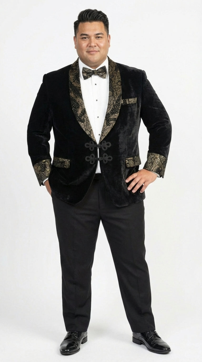 Men’s Smoking Jacket  Black and Gold Embroidered Tuxedo Blazer – Luxury Velvet Formal Dinner Jacket with Paisley Lapel - 38 Short Jacket+32 Waist Adjustable 28to34)(Height: 5 4 to5 7 )(Neck  15-16.5)S-M)