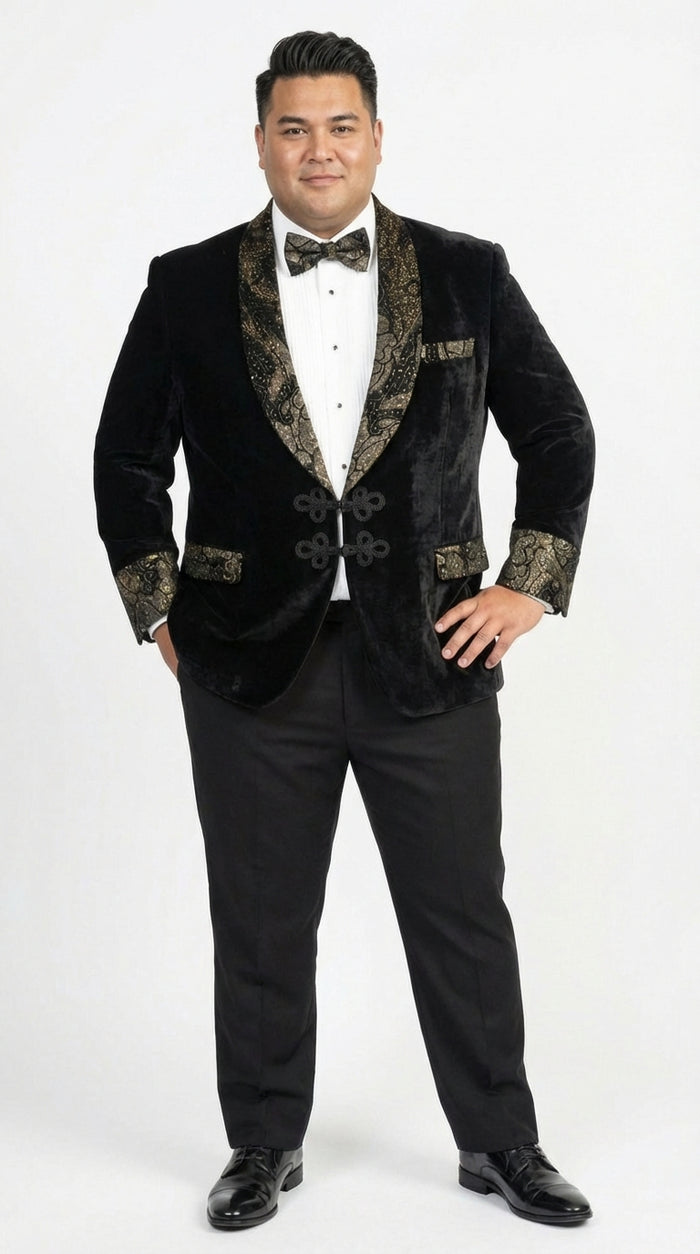 Mens Smoking Jacket  Black and Gold Embroidered Tuxedo Blazer Luxury Velvet Formal Dinner Jacket with Paisley Lapel