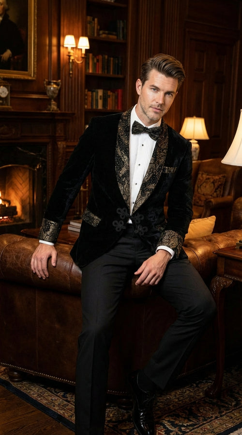Mens Smoking Jacket  Black and Gold Embroidered Tuxedo Blazer Luxury Velvet Formal Dinner Jacket with Paisley Lapel